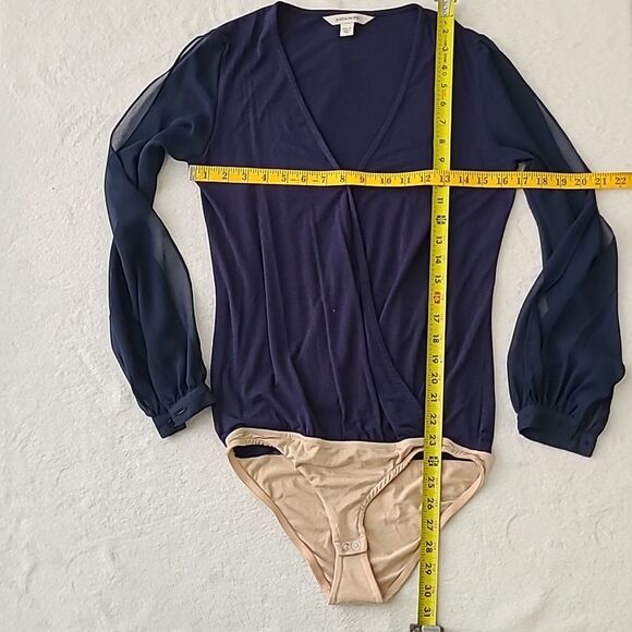 Boston Proper Navy Blue Wrap Bodysuit Long Sleeve Open Puff Sleeves XS Chiffon - Picture 3 of 6